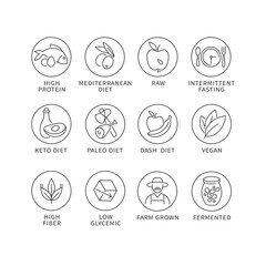 Vector set of logos, badges and icons for natural and health products. Collection symbol of healthy eating and various of dieting.