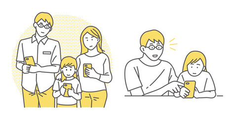Naklejka premium 子どもにスマートフォンをもたせる家族のイラスト