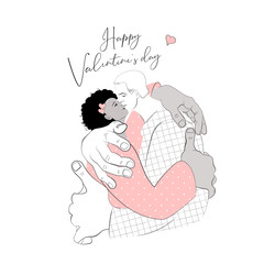 Valentines Day postcard. Hugging man and woman. Lovers. Embrace one another. Character design. Flat Vector Illustration.