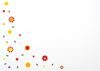 Bright red, yellow, orange paper flowers on white background. Spring, summer concept. Flat lay style with copy space