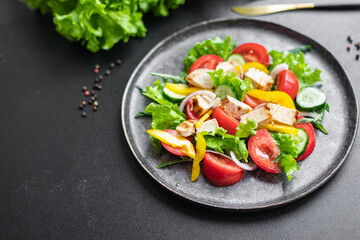vegetable salad and chicken meat vegetables fresh tomato, cucumber, pepper organic dish on the table healthy food meal snack copy space food background rustic. top view