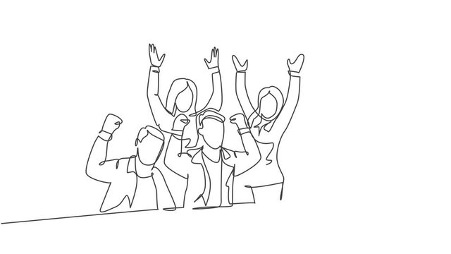 Animated self drawing of one continuous line draw happy businessman and businesswoman celebrating their success achieve the business target. Team work goal concept. Full length single line animation.