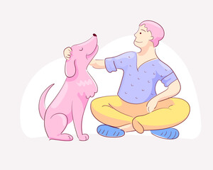 Faithful dog sits next to the owner. The man strokes the pet on the head. Cute flat vector illustration about friendship of human and domestik dog.