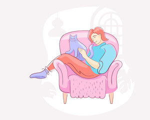 The girl strokes and hugs the cat in her arms at home while sitting on a pink sofa. Color cute illustration of human and pet kitten friendship. Home comfort concept for website or print.