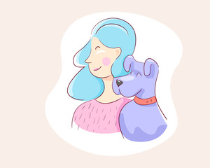 Beautiful girl next to a fold dog in red collar. Color vector illustration of human and pet friendship.