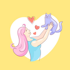 Girl hug domestic cat. Female hugging kitten with love, pretty friendship of man and pet, handwritten flat sketch isolated on white background with halftone color elements, vector illustration