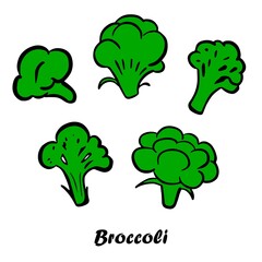 Vector set of 5 hand drawn broccoli. Organic eco food. Sketch style illustration. Cartoon doodle design.