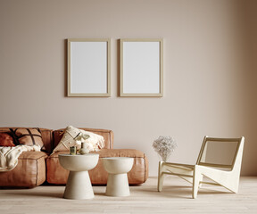Minimalist boho home interior mockup, living room in pastel colors, 3d render