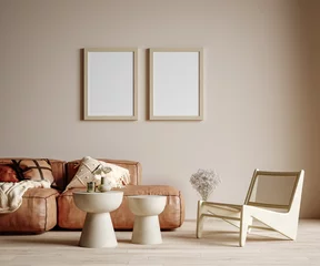 Garden poster Boho Style Minimalist boho home interior mockup, living room in pastel colors, 3d render