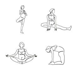 One line style pregnant yoga poses. Minimalistic icons. Design wallpaper background