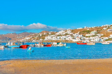 Greece Mykonos old harbor view from beach