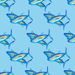 Blue tuna fish. Seamless patterns. Source Omega 3. Watercolor illustration. For the design of wallpapers, fabrics, menus.
