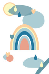 Boho rainbow and sun with clouds and raindrops. Cute poster in Scandinavian modern style. For the interior of the children's room, print of a T-shirt, postcards.