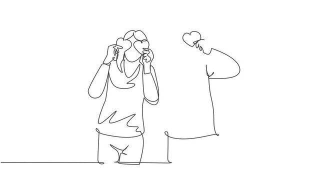 Self drawing animation of one single line draw husband and wife couple holding heart shape paper and cover the eyes together. Marriage anniversary concept continuous line draw. Full length animated.