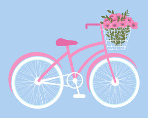 Fototapeta na wymiar Bike with basket of flowers. Bicycle with a beautiful bouquet of flowers and green leaves. Vector illustration.