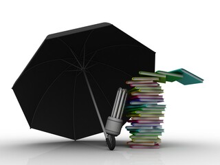 3d rendering students education book with cfl bulb protection umbrella