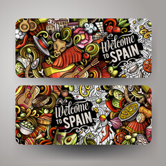 Cartoon cute doodles Spain horizontal banners set