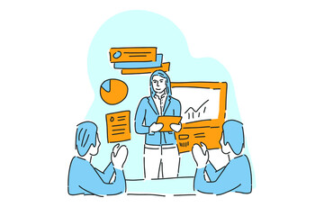 business woman presentation with investor illustration hand draw