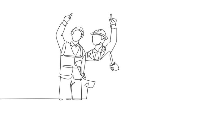 Animated self drawing of single continuous line draw young architect holding blueprint and discussing building construction with foreman. Design architecture concept. Full length one line animation.