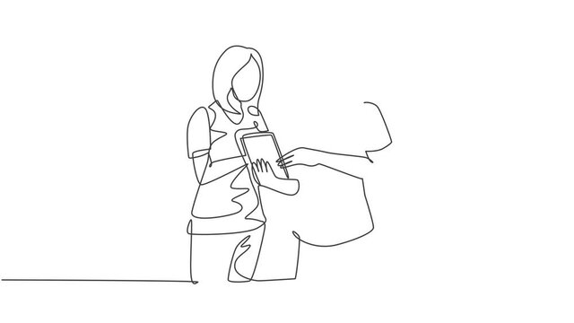 Animated self drawing of one continuous line draw male and female employee talking about company target while staring tablet screen. Business goal discussion concept. Full length single line animation