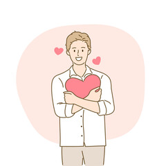 Young man hugs a big heart with love and care. Love your body concept. Love yourself. Valentine's day. Self care and body positive. Hand draw style. Vector illustration.