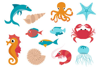Sea animals set. Cute in cartoon style