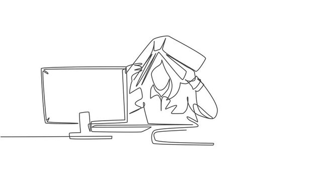 Self drawing animation of one single line draw depression employee sitting in front of computer and stack of papers covered her head with folder. Worker concept continuous line. Full length animated.