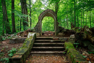 Abandoned old crypt in the middle of a forest in the Kaliningrad region - 439874351