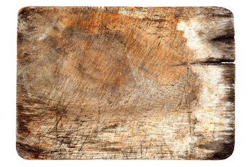 Close up blank brown scratched wooden sign isolated on white background, with clipping path.