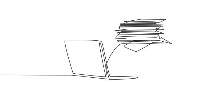 Animated self drawing of single continuous line draw young despair employee got crushed by pile of papers on his desk. Work overload pressure at the office concept. Full length one line animation.