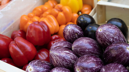 frisches Gemüse auf einem Markt - Paprika und Aubergine