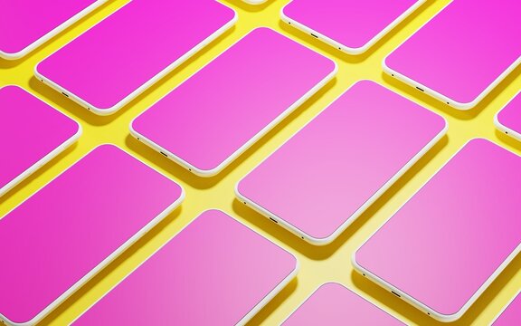 Smartphones with pink screen on yellow background, seamless pattern. Mock up cell phone with white frame and blank display. Hi-tech production line, mobile devices on conveyor belt, 3d illustration