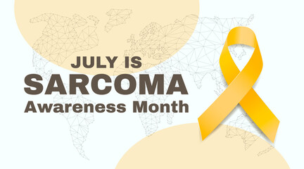 Sarcoma cancer awareness month сoncept.  Banner template with yellow ribbon, text  and world map. Vector illustration.