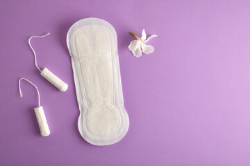 Protection and feminine menstrual tampon and wipe on lilac background