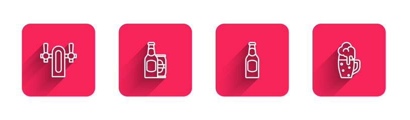 Set line Beer tap, bottle and beer can, and Glass of with long shadow. Red square button. Vector