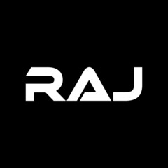 RAJ letter logo design with black background in illustrator, vector logo modern alphabet font overlap style. calligraphy designs for logo, Poster, Invitation, etc.
