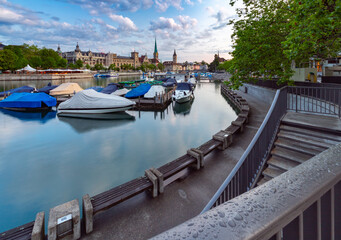 Zurich. Old city embankment and medieval houses at dawn.