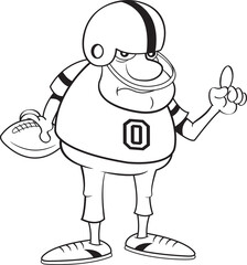 Black and white illustration of a football player holding a football and showing number one sign.