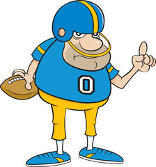 Cartoon illustration of a football player holding a football and showing number one sign.
