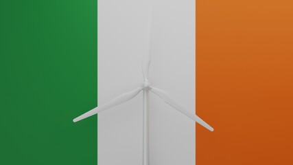Large wind turbine in center with a background of the country flag of Ireland