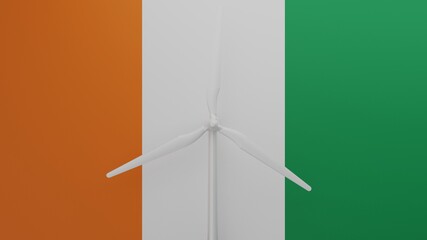 Large wind turbine in center with a background of the country flag of Ivory Coast