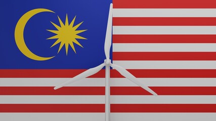 Large wind turbine in center with a background of the country flag of Malaysia