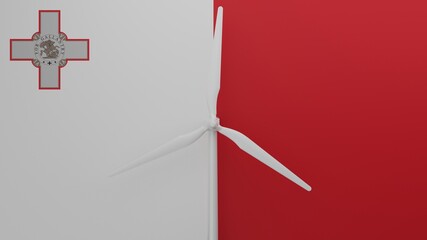 Large wind turbine in center with a background of the country flag of Malta