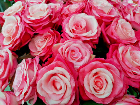 Beautiful bouquet of pink roses from fabric close-up stock images. Floral decoration with plastic pink roses top view stock photo. Beautiful flowers pink white roses made of plastic images