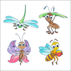 Cute insects cartoon characters. Bright butterfly, dragonfly, ant, bee isolated on white background. Colourful Illustration.