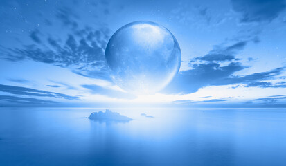 Naklejka na ściany i meble Full glass moon (or crystal ball moon) rising over empty sea with night 