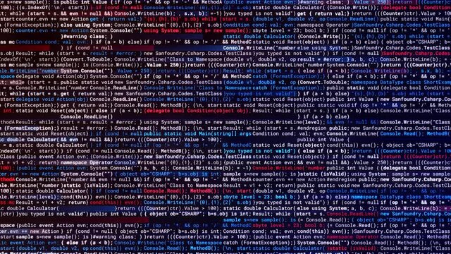 Large program text on black background. Animation. Real program text with many encodings and meanings. Program code of computer system. Background for professional programmers or hackers