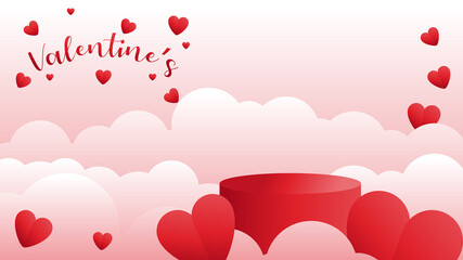podium background for valentine product sales. vector 3d podium studio background. valentine background with typography, hearts and clouds