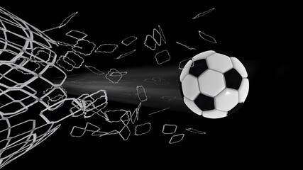 soccer ball breaking tearing nets isolated goal win - 3d rendring