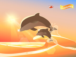 Dolphins jumping from ocean. Summer sunset background design. Helicopter, Summer banner greeting. Cartoon colorful vector illustration. Sunset golden seascape. Cute happy dolphins playing in waves.